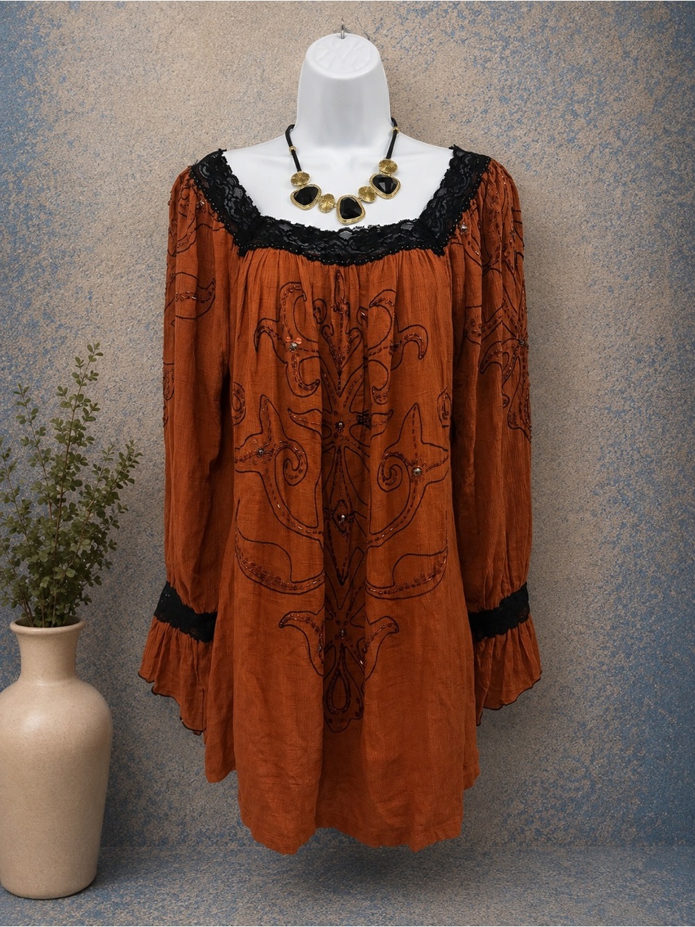 Vintage Rust Embroidered Mini Dress with Black Lace Trim (Small - runs big)